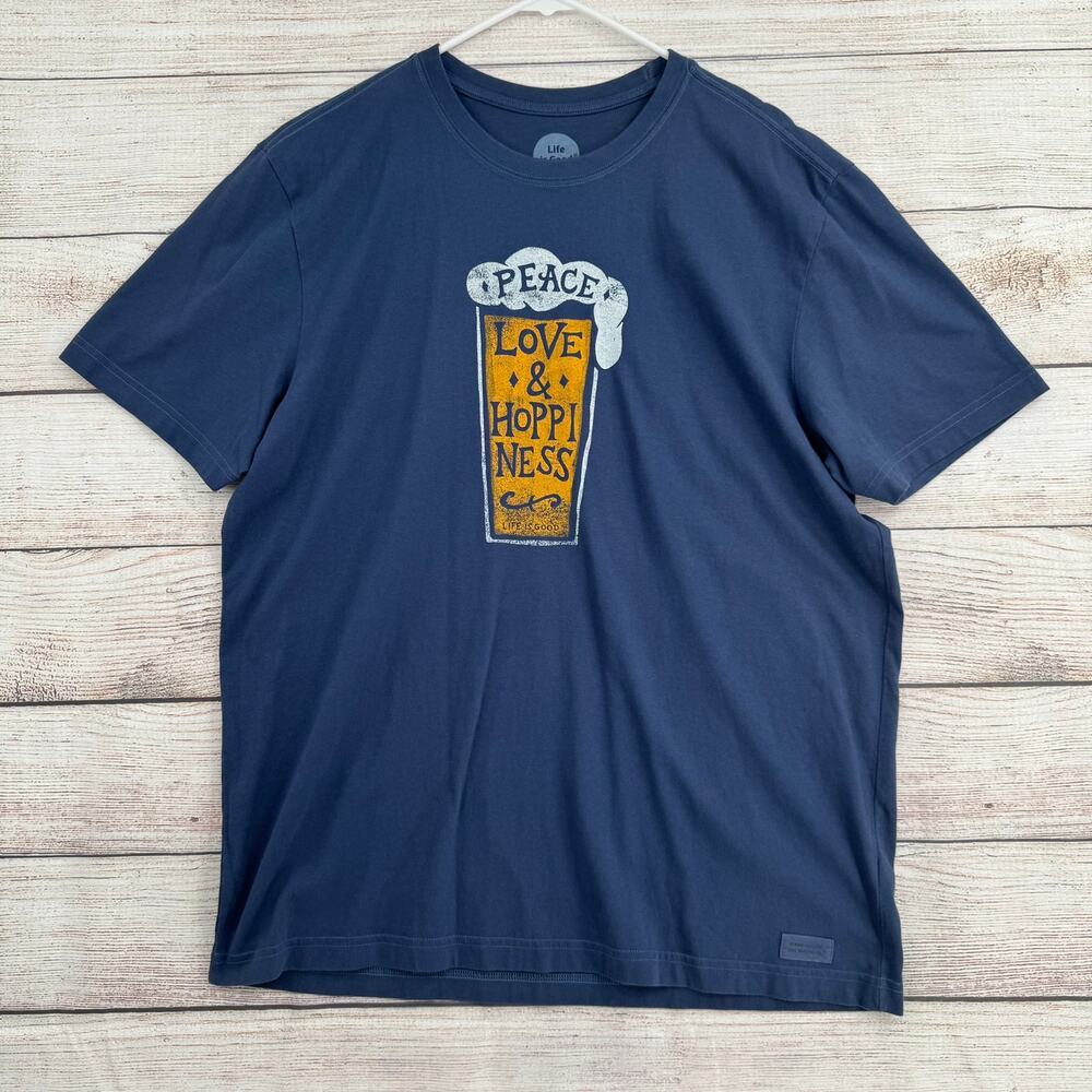 Life Is Good Peace Love Hoppiness T-Shirt‎ Adult L Blue Crusher Tee Beer NEW